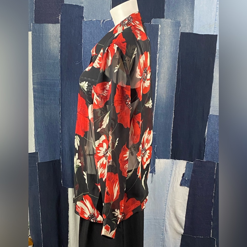 Big Floral Sheer Long Sleeve Collared Blouse Sz L - Picture 2 of 8